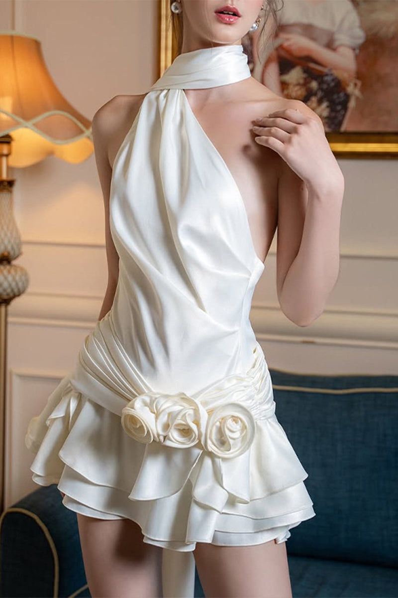 Backless Flounce Flower Shape Halter A Line Dresses