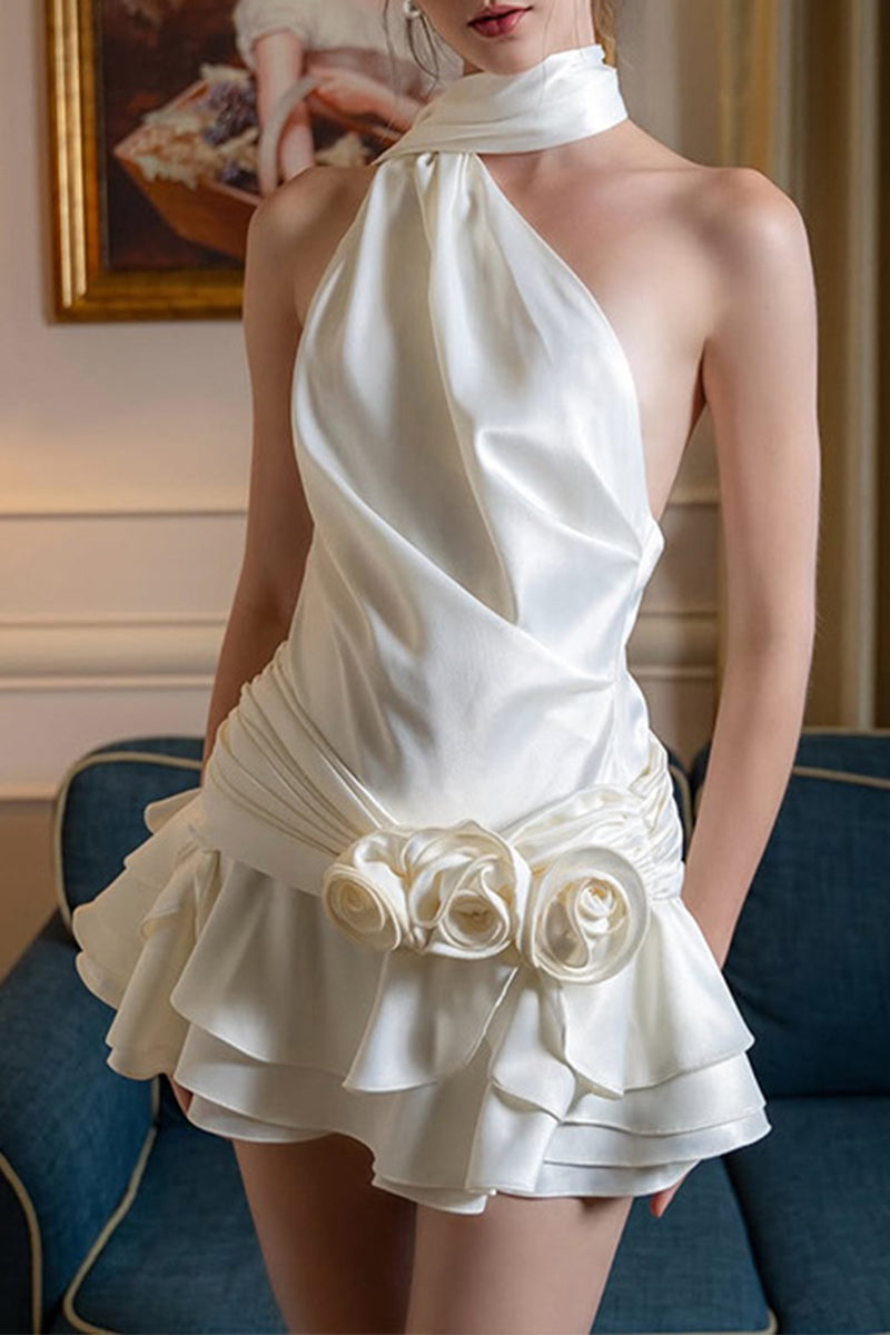 Backless Flounce Flower Shape Halter A Line Dresses
