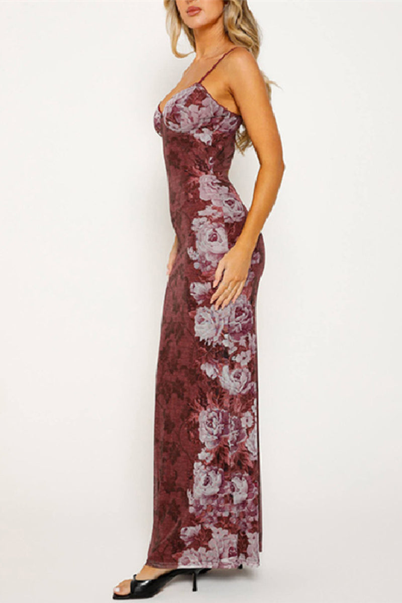 Flowers Patchwork Contrast V Neck One Step Skirt Dresses