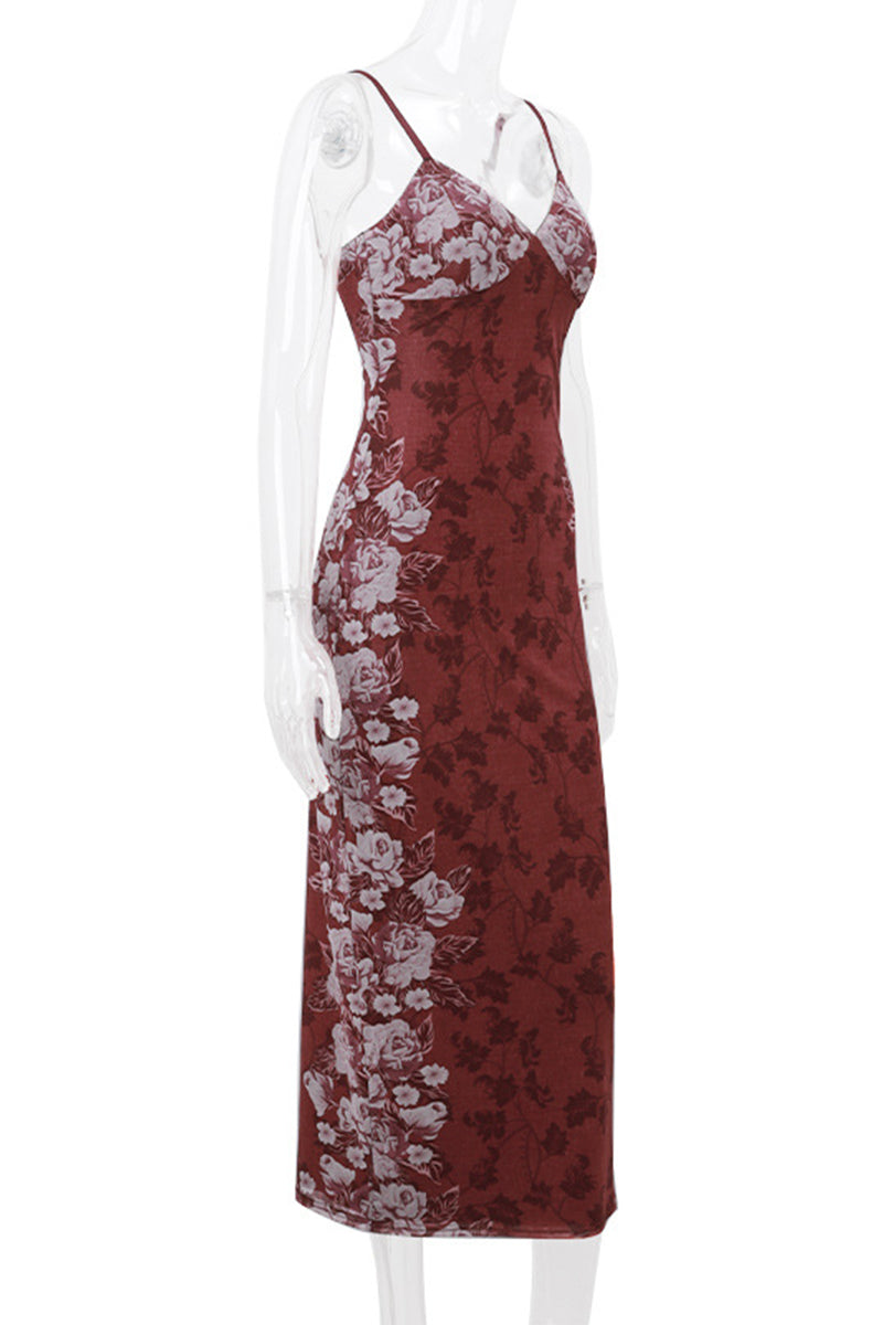 Flowers Patchwork Contrast V Neck One Step Skirt Dresses