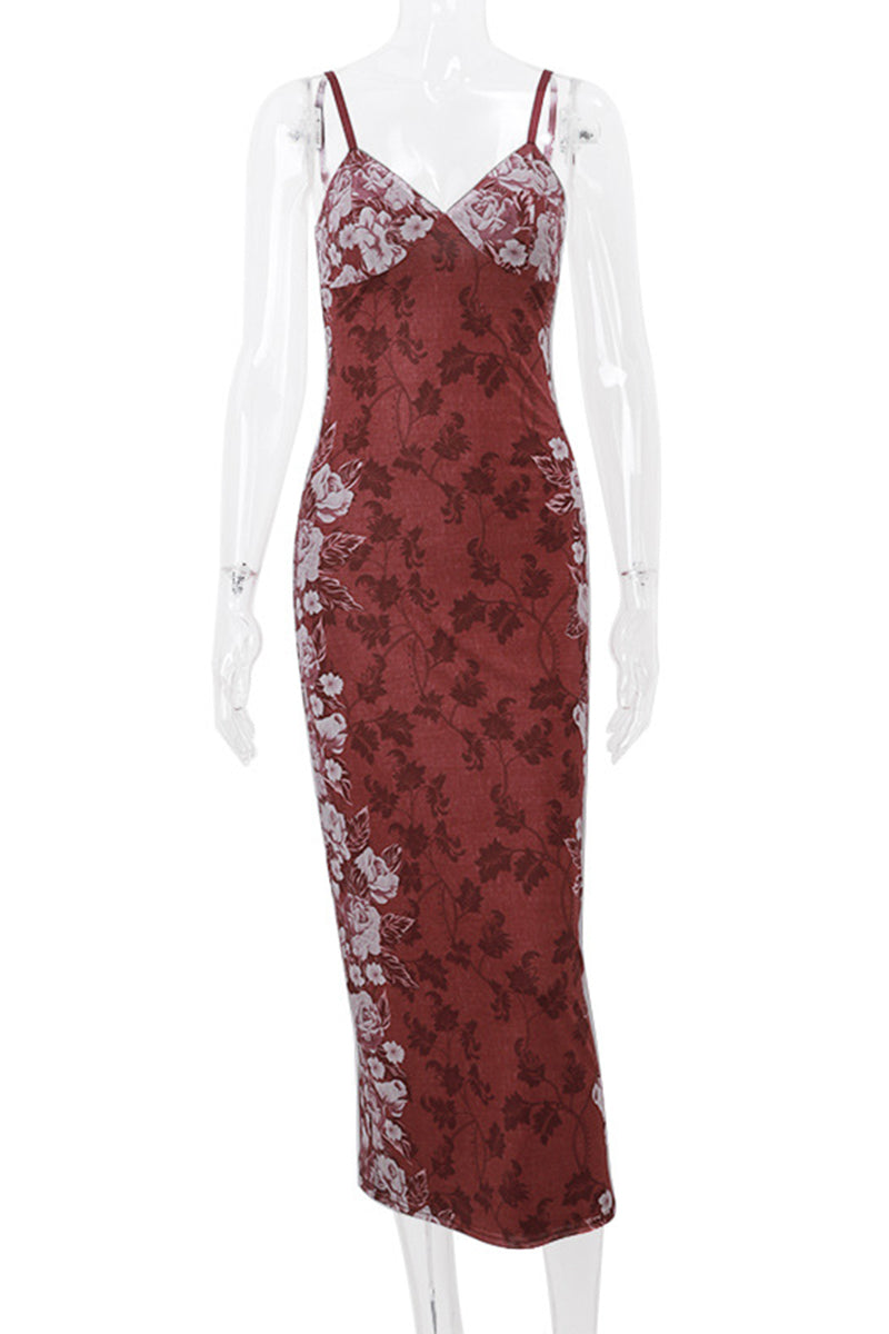 Flowers Patchwork Contrast V Neck One Step Skirt Dresses