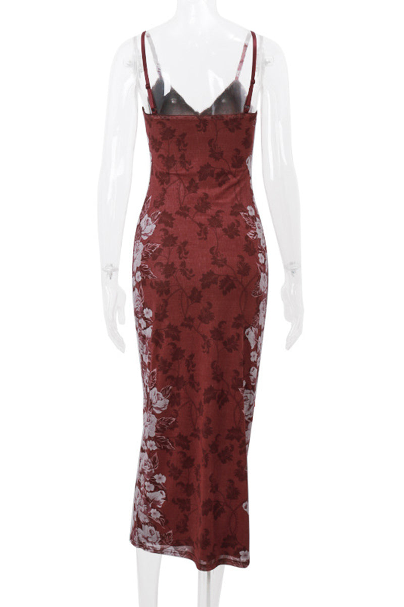 Flowers Patchwork Contrast V Neck One Step Skirt Dresses