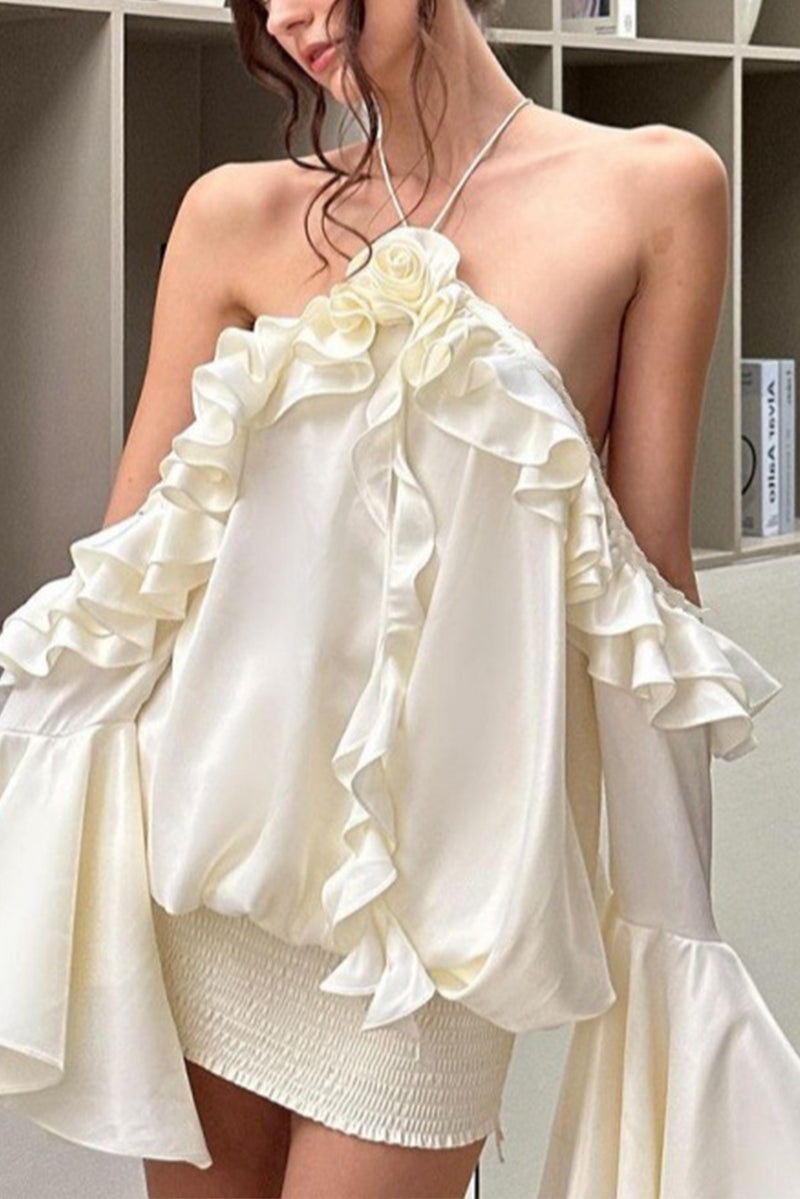 Lace Up Flounce Halter Wrapped Skirt Dresses