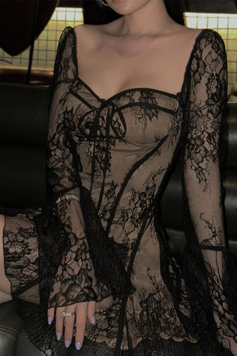 Lace Lace Up Square Neck A Line Dresses