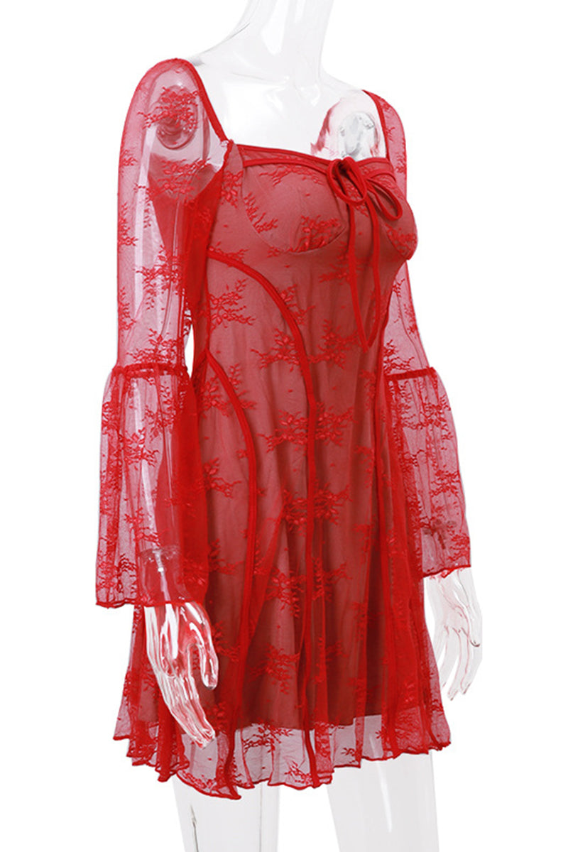Lace Lace Up Square Neck A Line Dresses