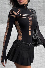 Hollow Out Turtleneck Skinny Bodysuits
