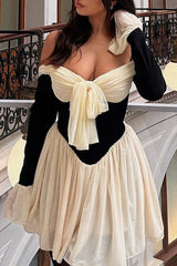 Backless Contrast Off Shoulder Waist Skirt Dresses
