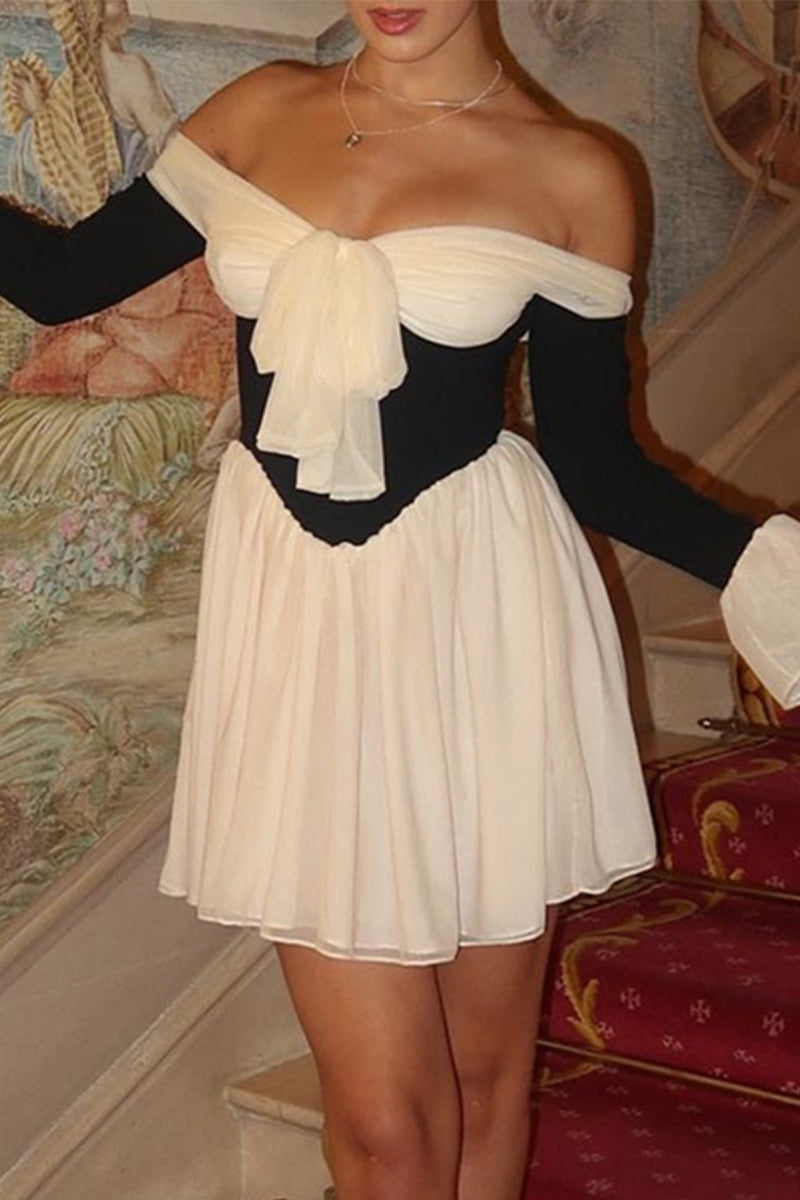 Backless Contrast Off Shoulder Waist Skirt Dresses