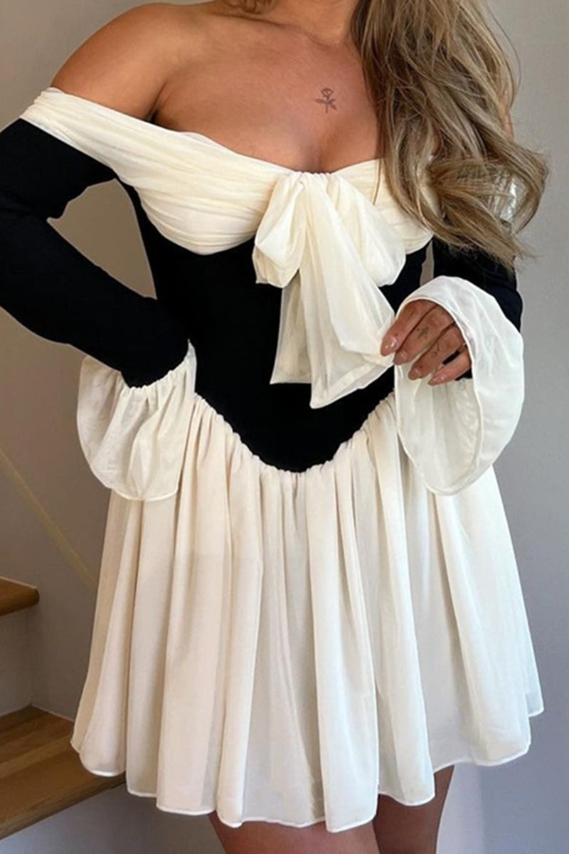 Backless Contrast Off Shoulder Waist Skirt Dresses