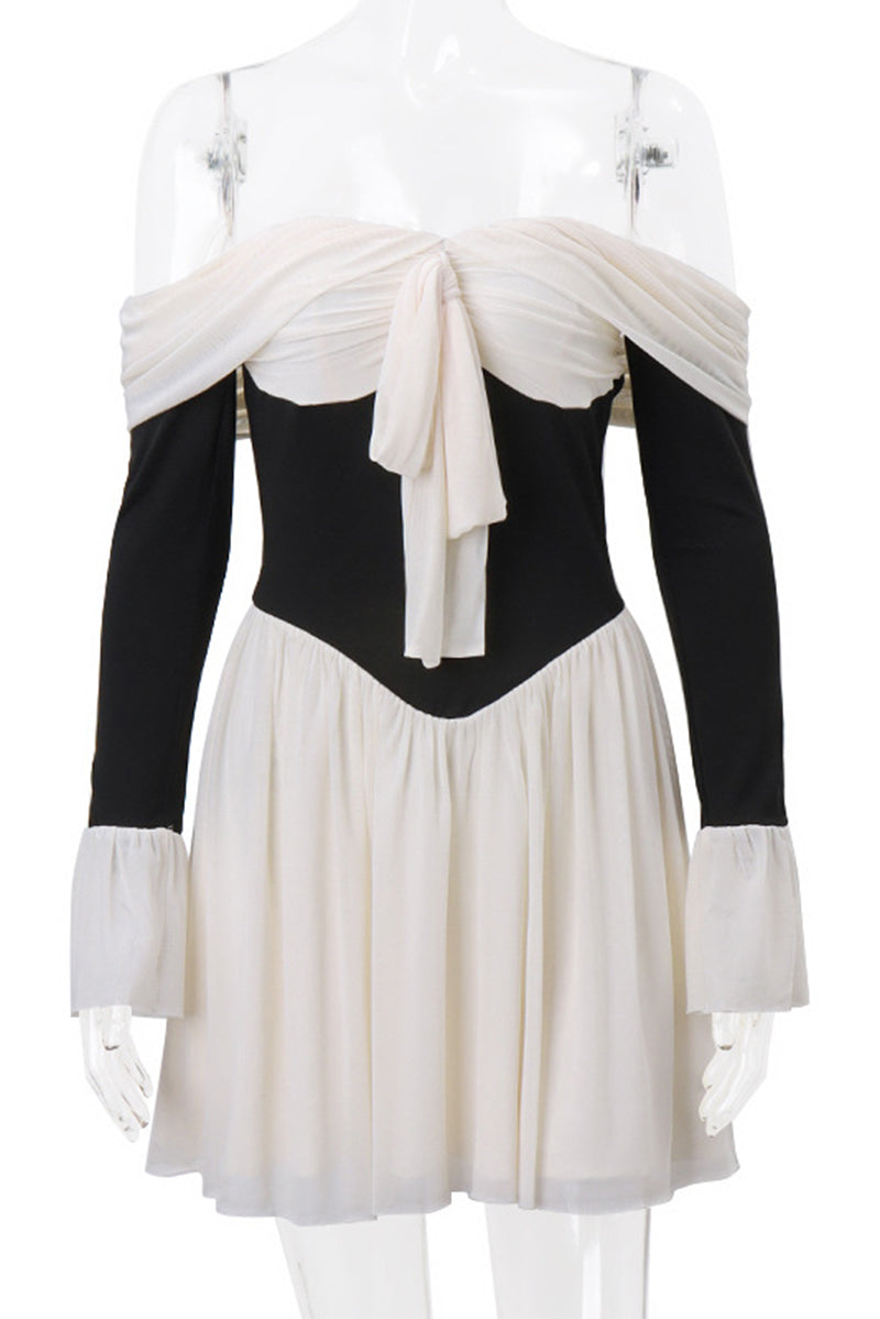 Backless Contrast Off Shoulder Waist Skirt Dresses