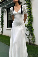 Elegant Solid Color Lace Up Patchwork Contrast V Neck Long Dresses