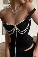 Solid Color Cross Straps Pearls Decor Square Neck Tops