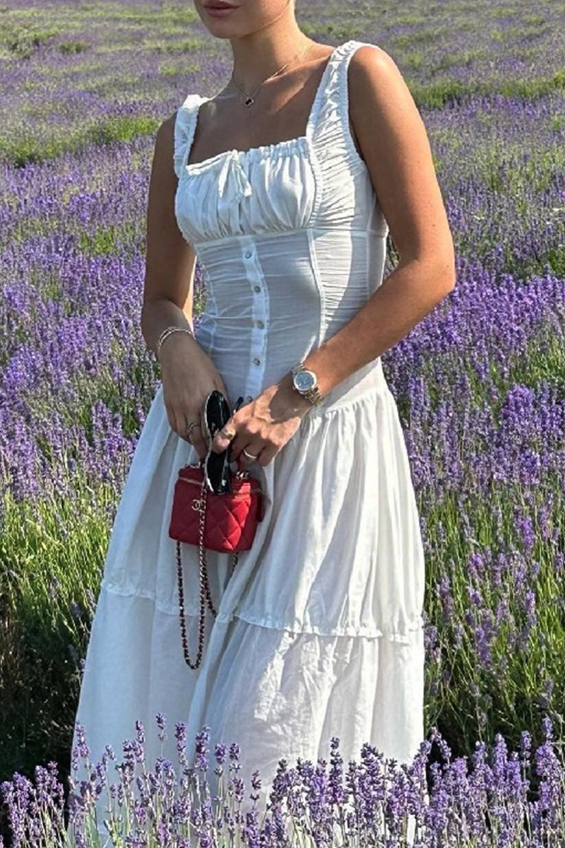 Casual Solid Color Ruched Square Neck Long Dresses