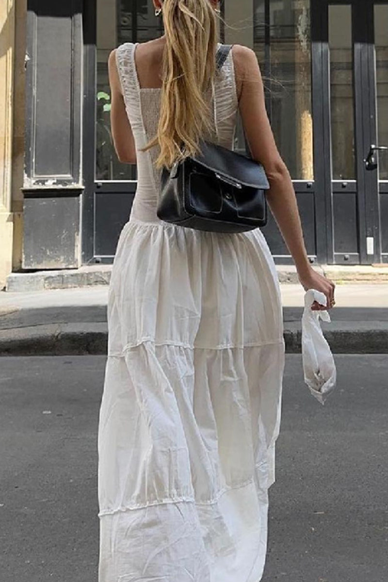 Casual Solid Color Ruched Square Neck Long Dresses