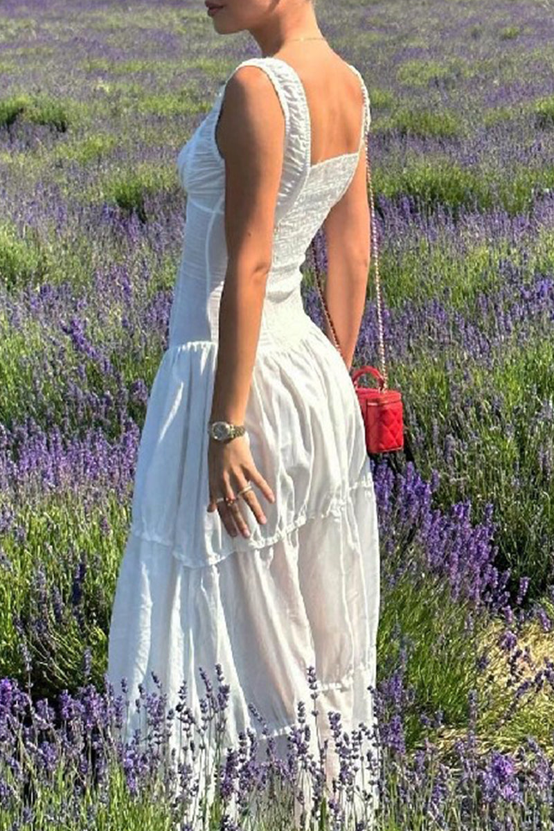 Casual Solid Color Ruched Square Neck Long Dresses