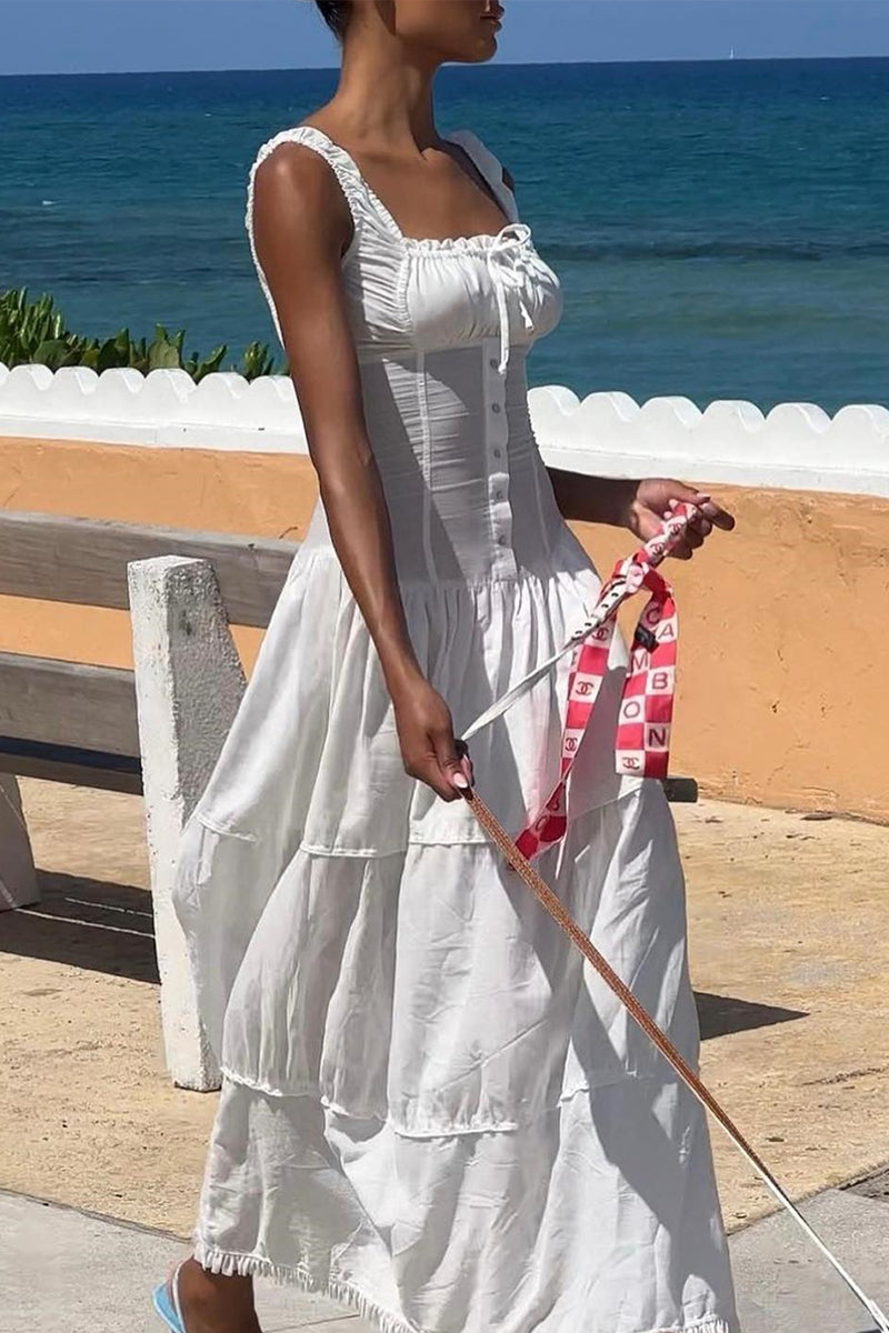 Casual Solid Color Ruched Square Neck Long Dresses