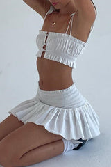 Solid Color Buttons Square Neck Short Sleeve Two Pieces