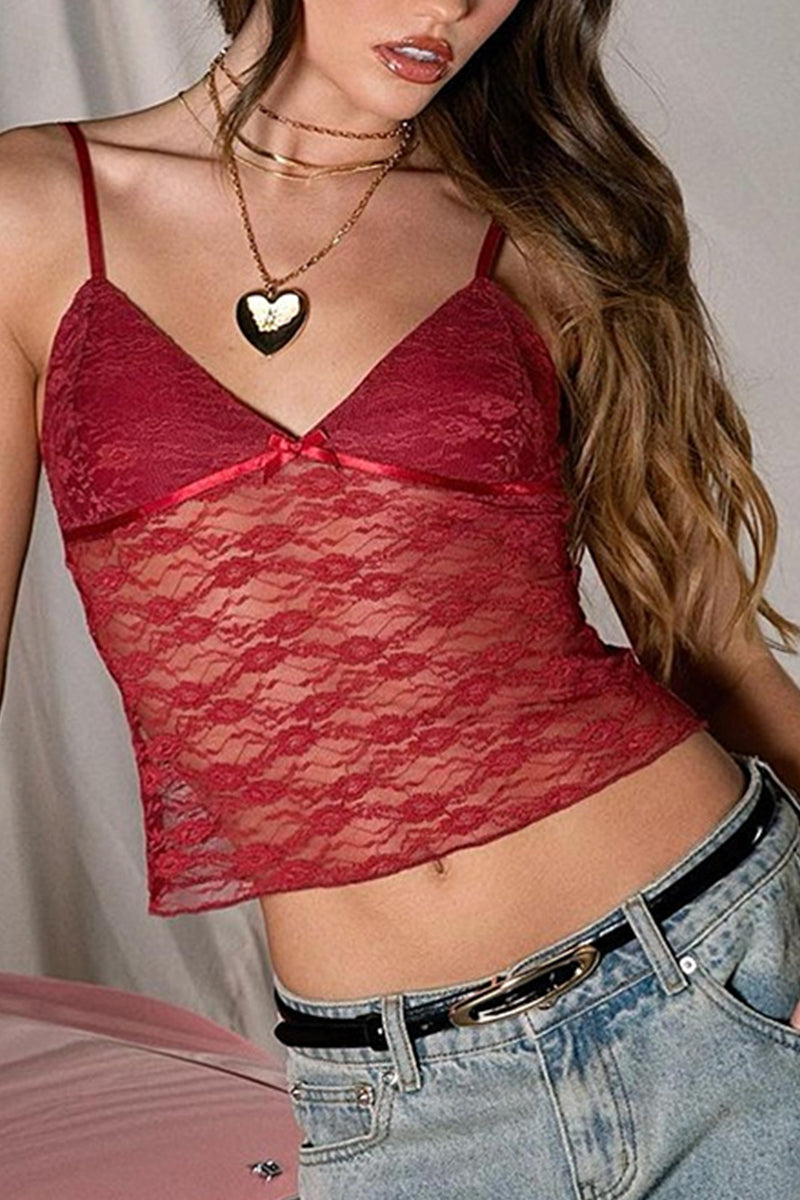 Solid Color Lace V Neck Tops