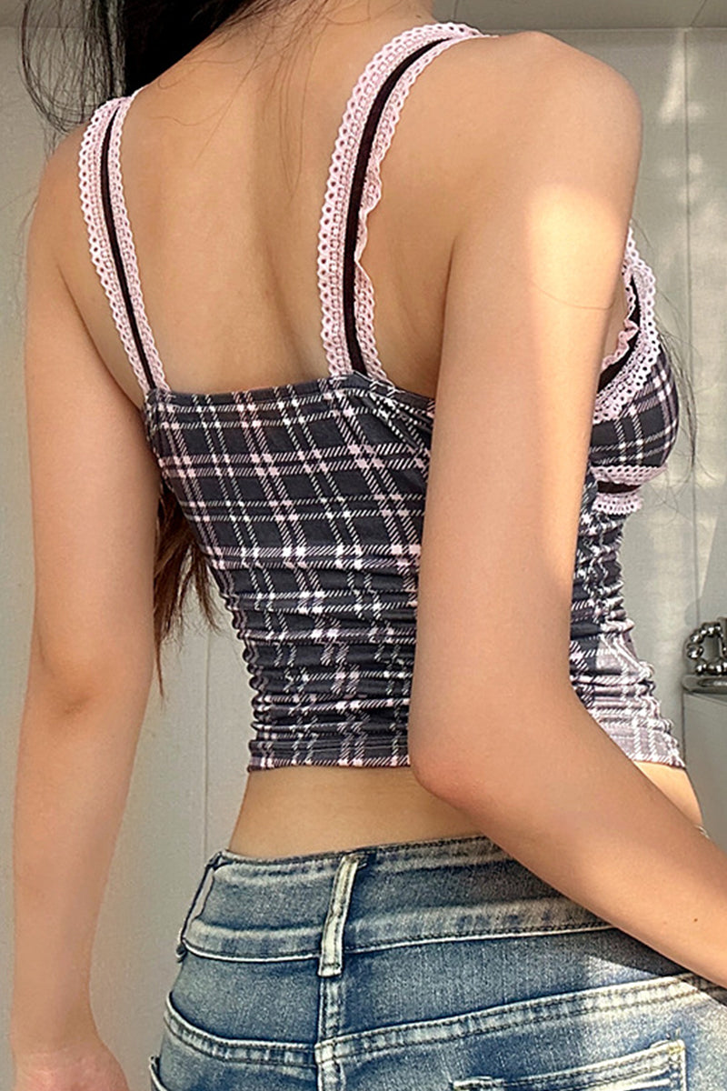 Plaid Lace Patchwork Contrast V Neck Tops