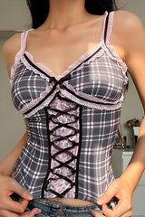Plaid Lace Patchwork Contrast V Neck Tops