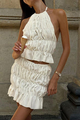 Solid Color Backless Ruched Adjustable Halter Sleeveless Two Pieces