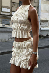 Solid Color Backless Ruched Adjustable Halter Sleeveless Two Pieces