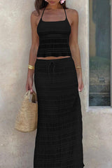 Solid Color Lace Up Backless Halter Sleeveless Two Pieces