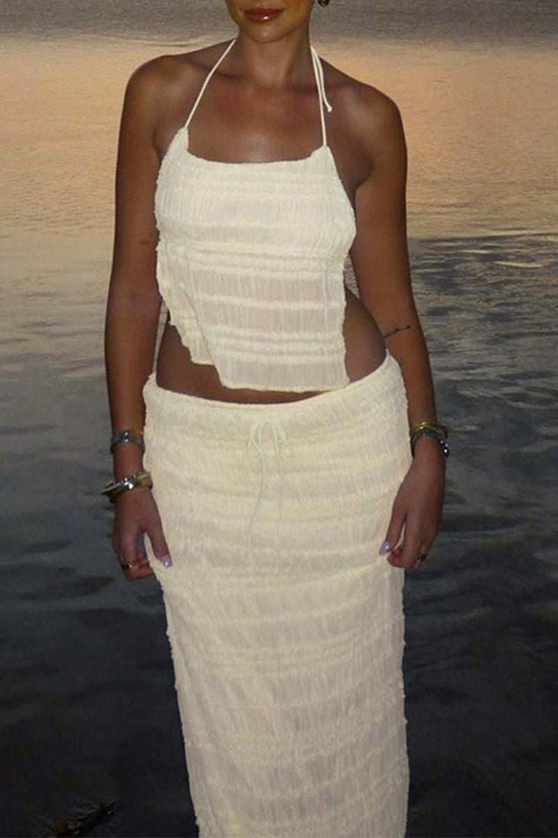 Solid Color Lace Up Backless Halter Sleeveless Two Pieces