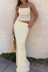 Solid Color Lace Up Backless Halter Sleeveless Two Pieces