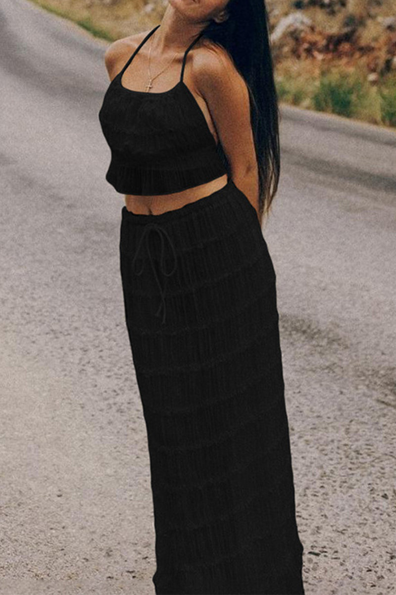 Solid Color Lace Up Backless Halter Sleeveless Two Pieces