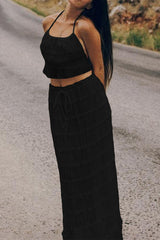 Solid Color Lace Up Backless Halter Sleeveless Two Pieces
