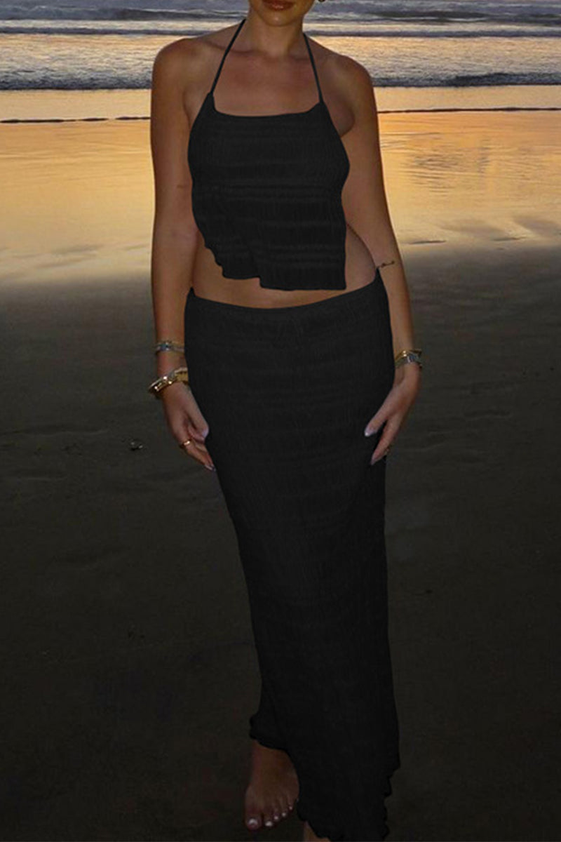 Solid Color Lace Up Backless Halter Sleeveless Two Pieces