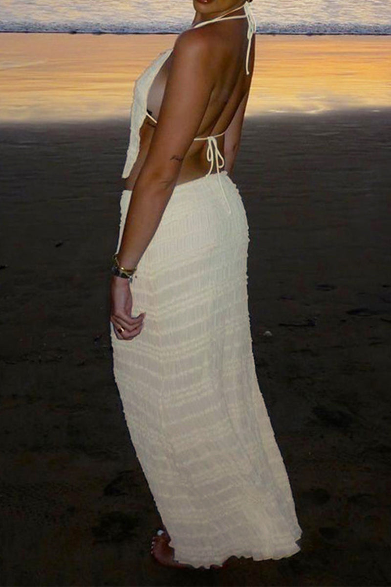 Solid Color Lace Up Backless Halter Sleeveless Two Pieces
