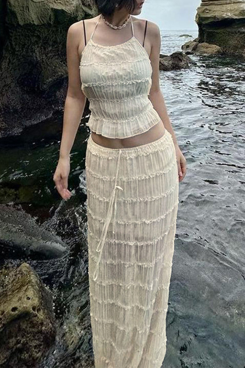 Solid Color Lace Up Backless Halter Sleeveless Two Pieces