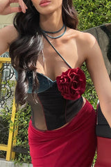 Flowers Patchwork Contrast Halter Tops