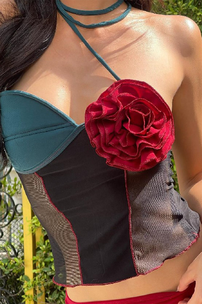 Flowers Patchwork Contrast Halter Tops