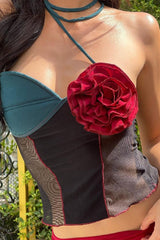 Flowers Patchwork Contrast Halter Tops
