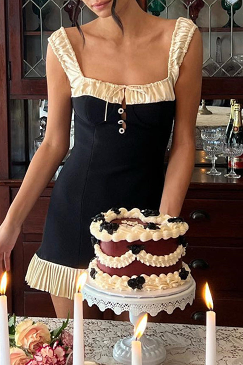 Solid Color Lace Up Backless Contrast Square Neck Wrapped Skirt Dresses