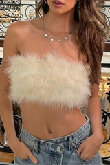 Solid Color Zipper Fluffy Strapless Tops