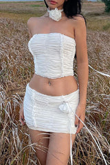 Solid Color Ruched Flowers Strapless Sleeveless Two Pieces