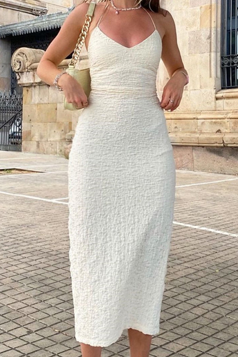 Solid Color Lace Up Backless Slit Halter A Line Dresses