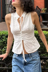Casual Solid Color Lace Up Buttons O Neck Tops