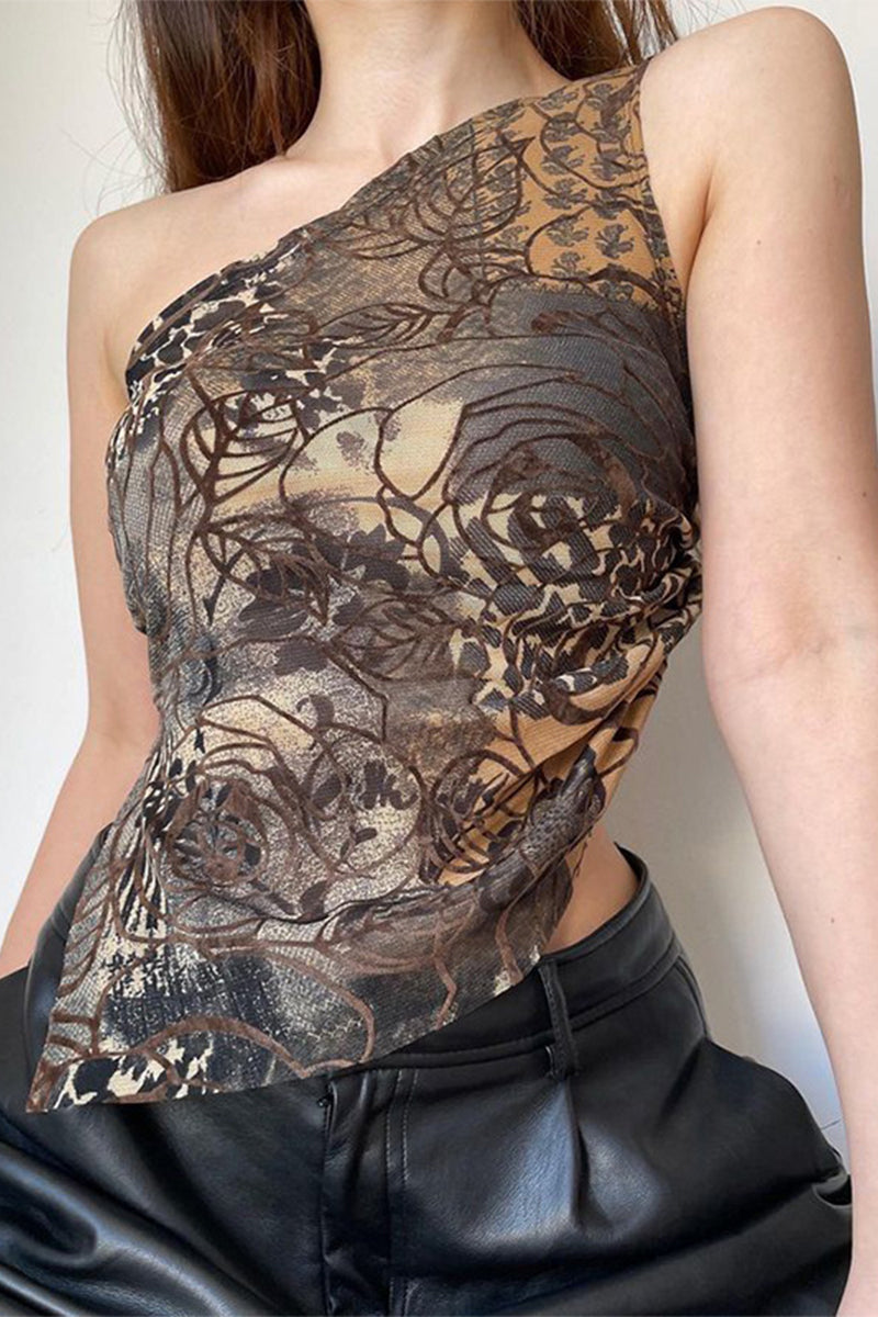 Floral Print Irregular Sloping Shoulder Tops