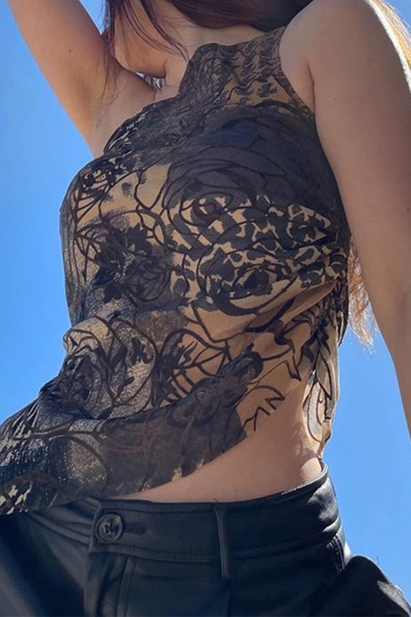 Floral Print Irregular Sloping Shoulder Tops