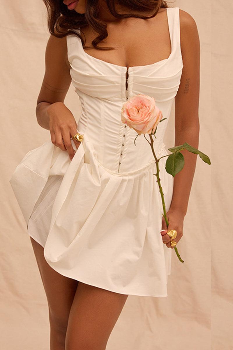 Solid Color Buckle Square Neck Sleeveless Dresses