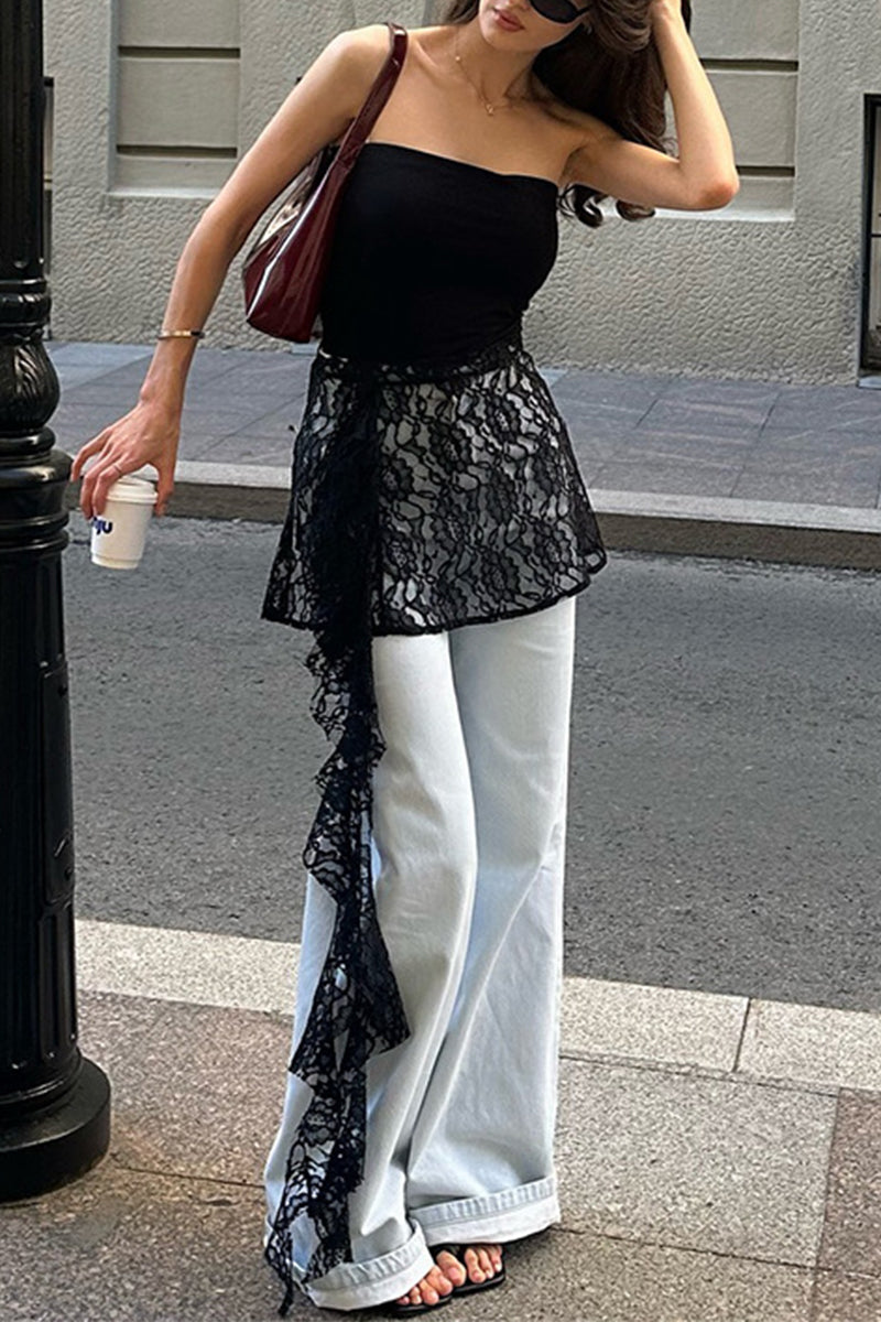 Solid Color Lace Stringy Selvedge Strapless Tops