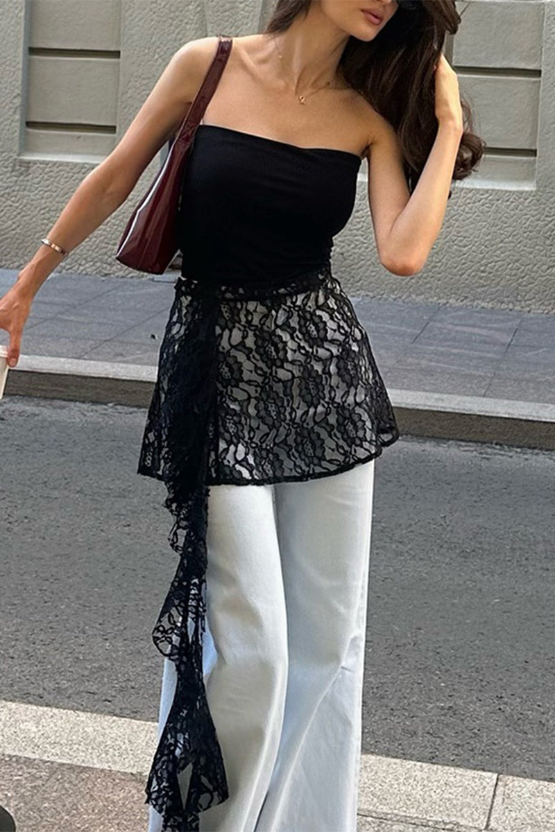 Solid Color Lace Stringy Selvedge Strapless Tops