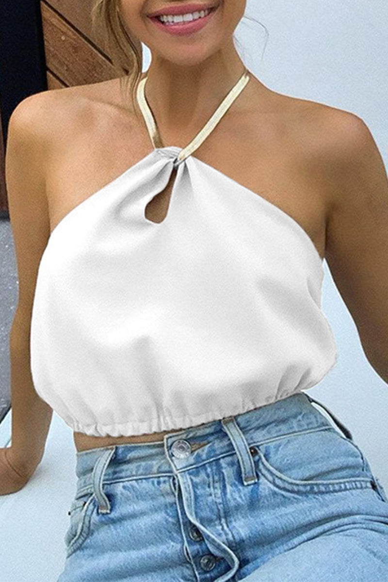 Solid Color Chains Backless Halter Tops