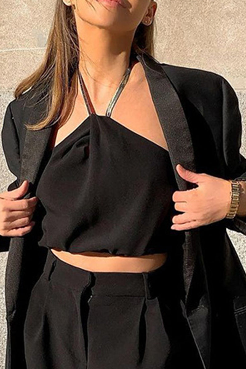 Solid Color Chains Backless Halter Tops