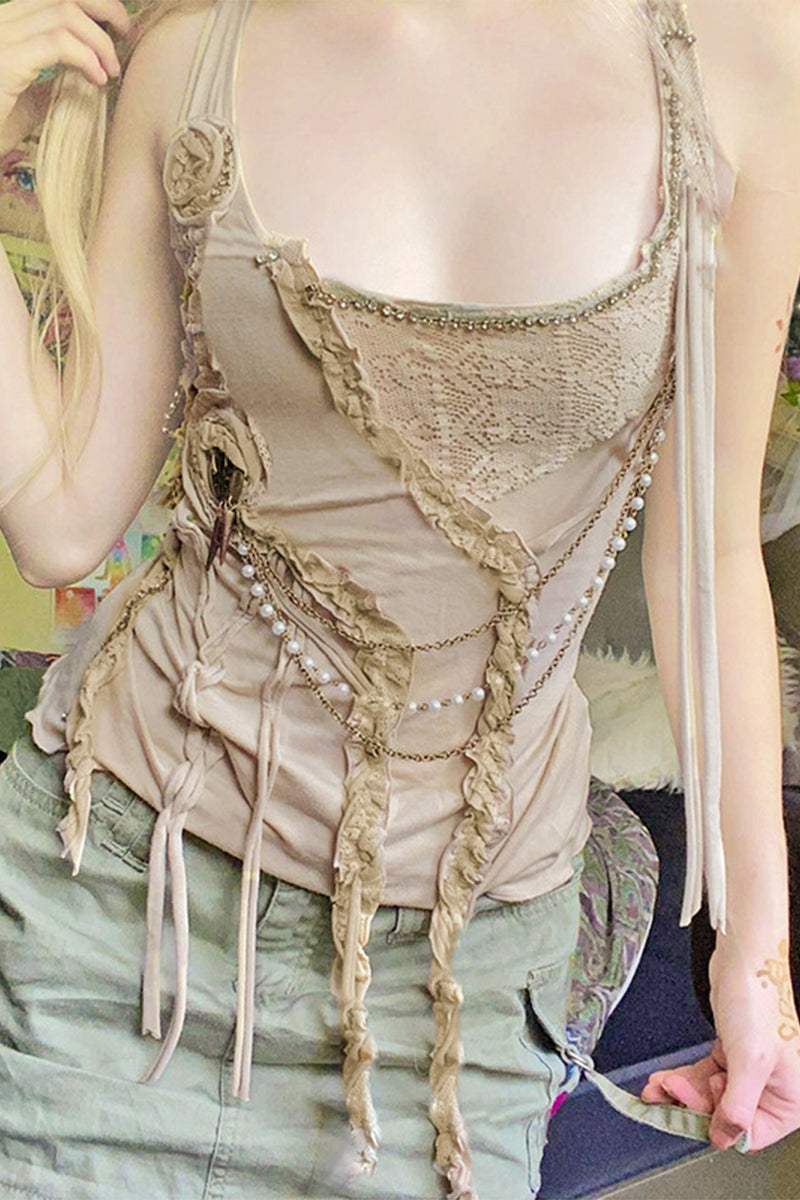 Solid Color Irregular Stringy Selvedge U Neck Tops
